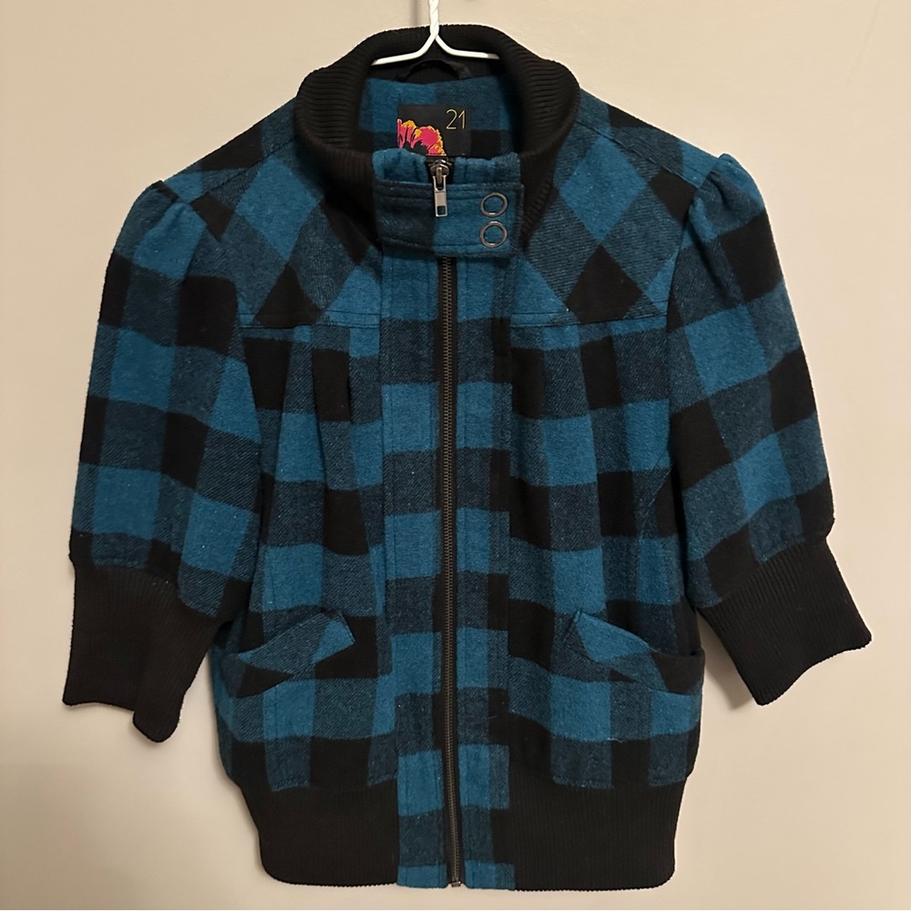 Vintage Forever 21 Blue and Black Checkered Jacket